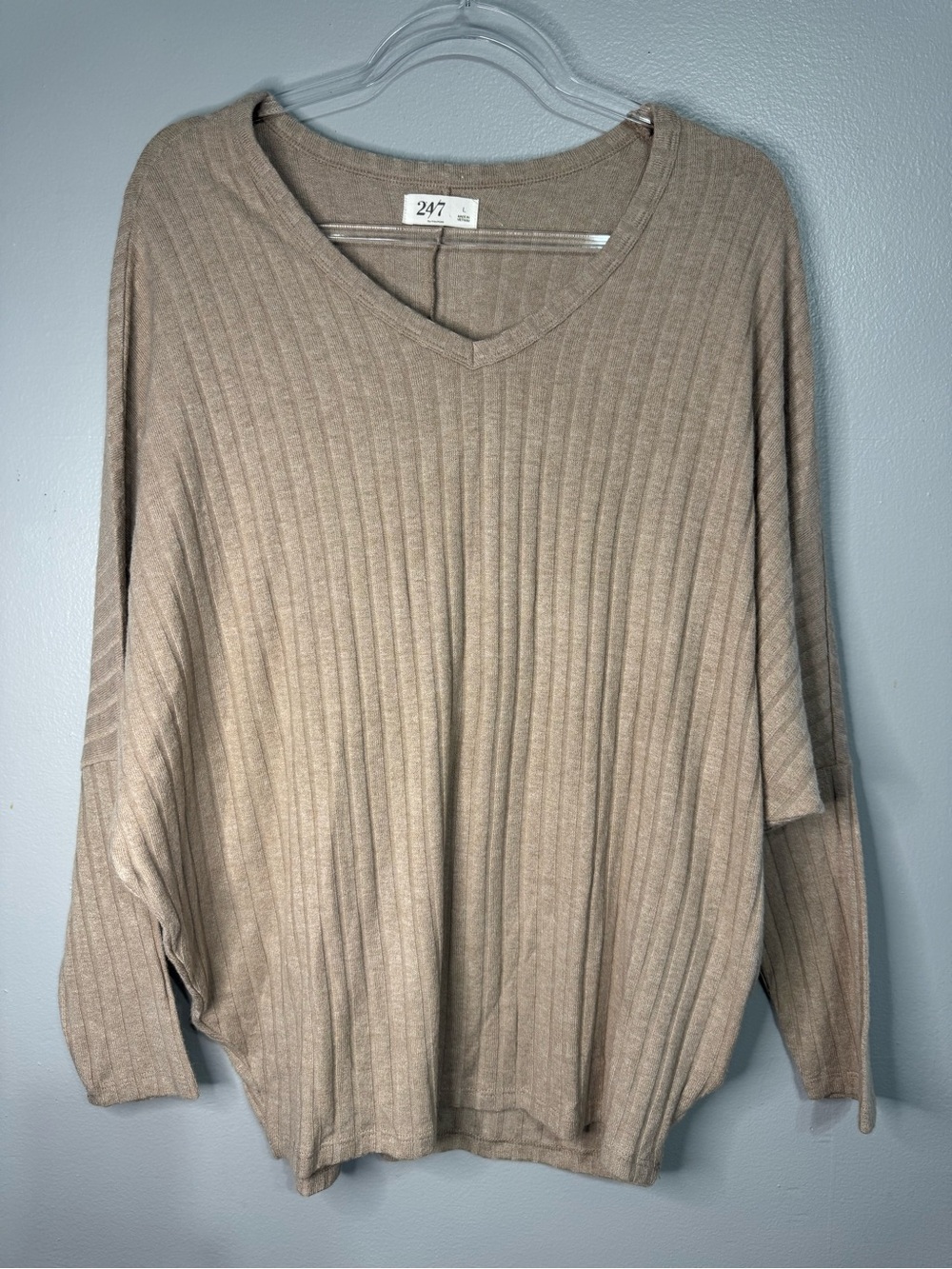 24/7 by Maurices Ribbed Soft Knit Pullover Top Dolman Taupe V-Neck Sweater